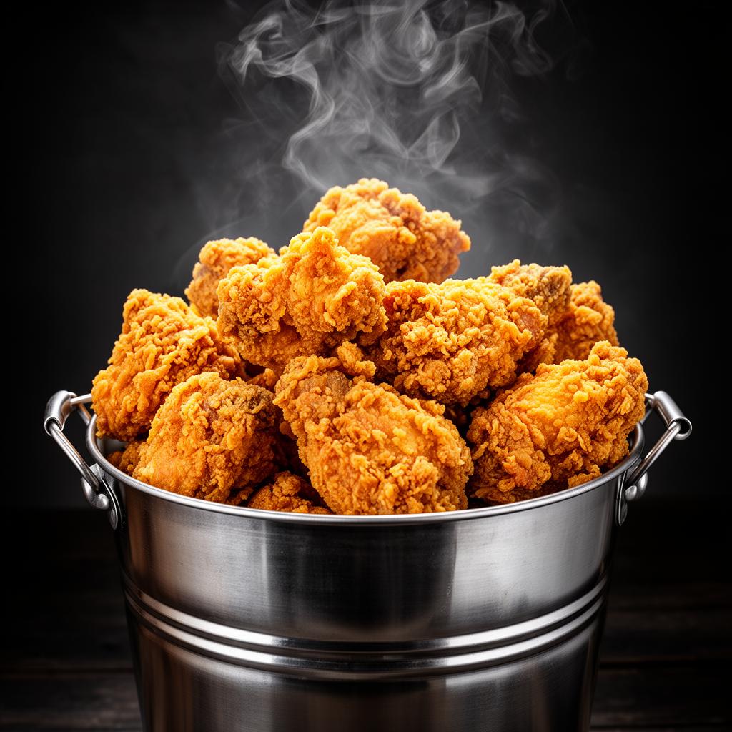 A steaming bucket overflowing with crispy fried chicken